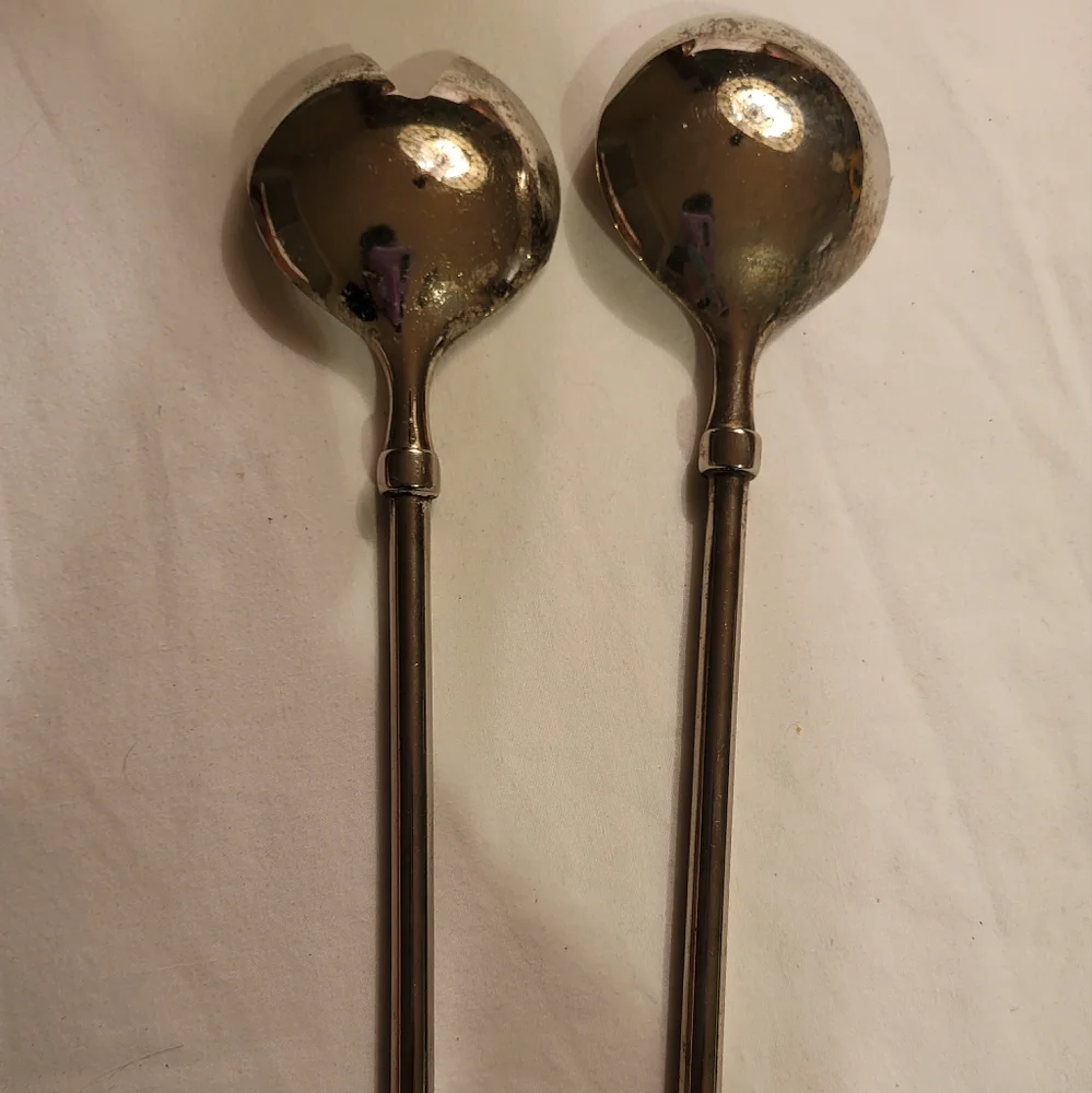 Mid Century Modern MCM Chrome Slim Round Handled Serving Fork & Spoon Se…